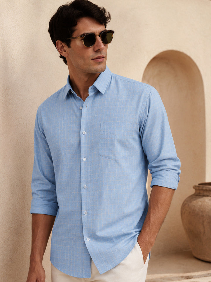 Men Blue Checked Slim Fit Linen Formal Shirt