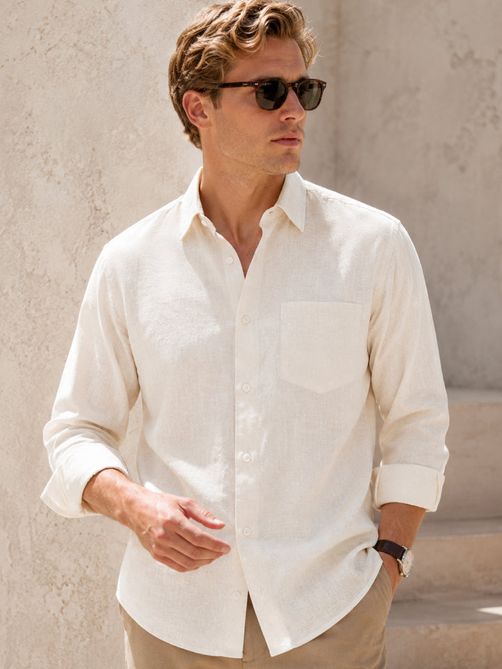 Men Cream Solid Slim Fit Linen Formal Shirt