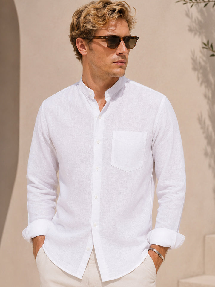 Men White Solid Slim Fit Linen Mandarin Collar Formal Shirt