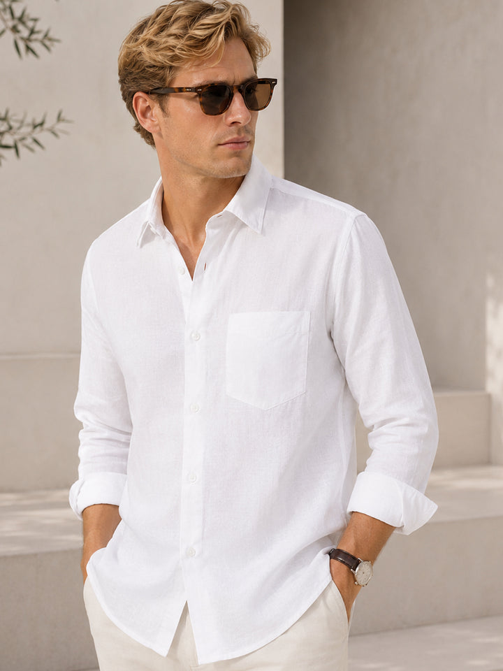 Men White Solid Slim Fit Linen Formal Shirt