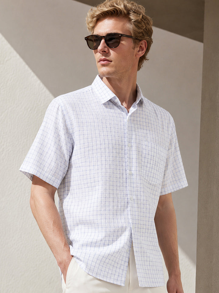 Men White & Blue Checked Slim Fit Linen Formal Shirt