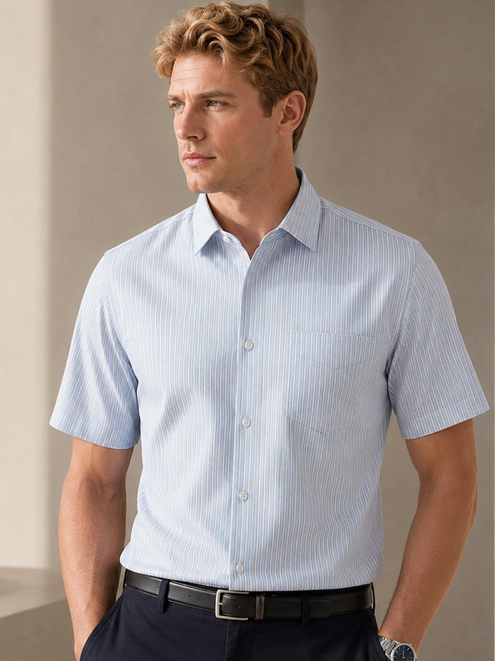 Men Blue Striped Wrinkle Ressistant Slim Fit Oxford Weave Pure Cotton Formal Shirt