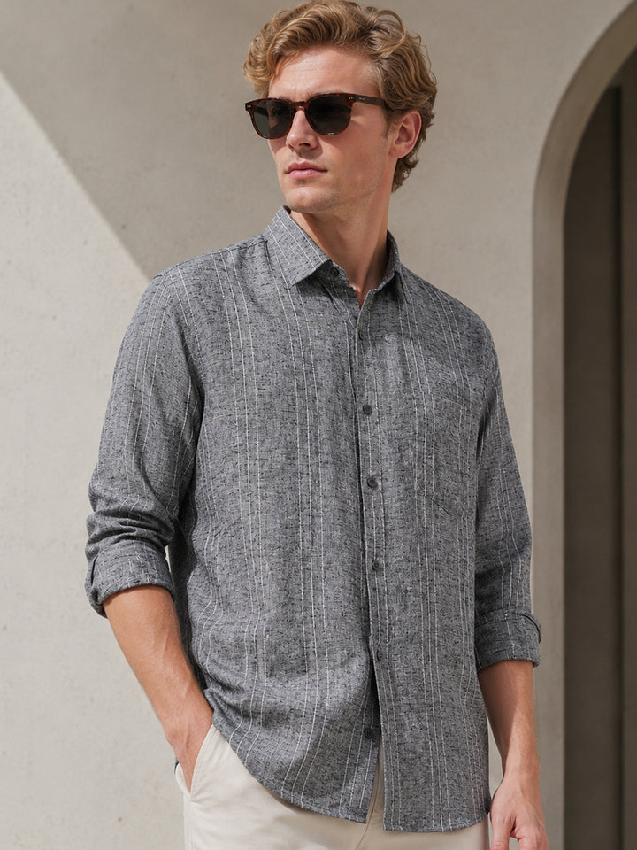 Men Grey Striped Slim Fit Linen Formal Shirt