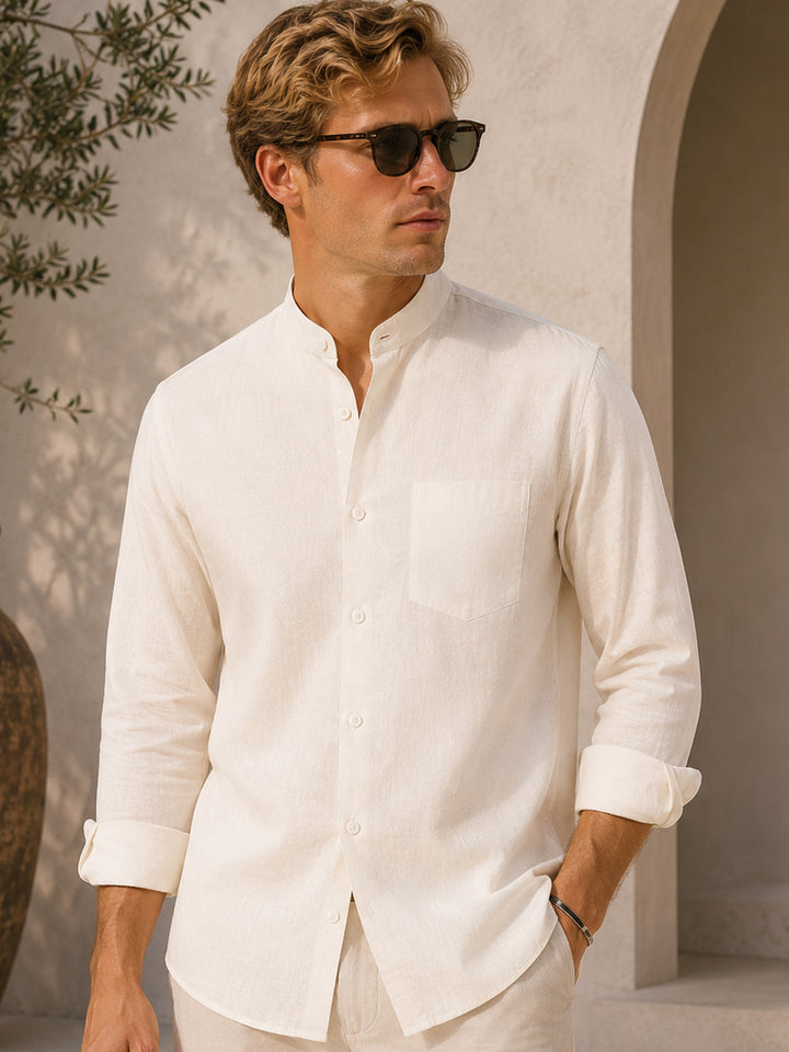 Men Cream Solid Slim Fit Linen Mandarin Collar Formal Shirt