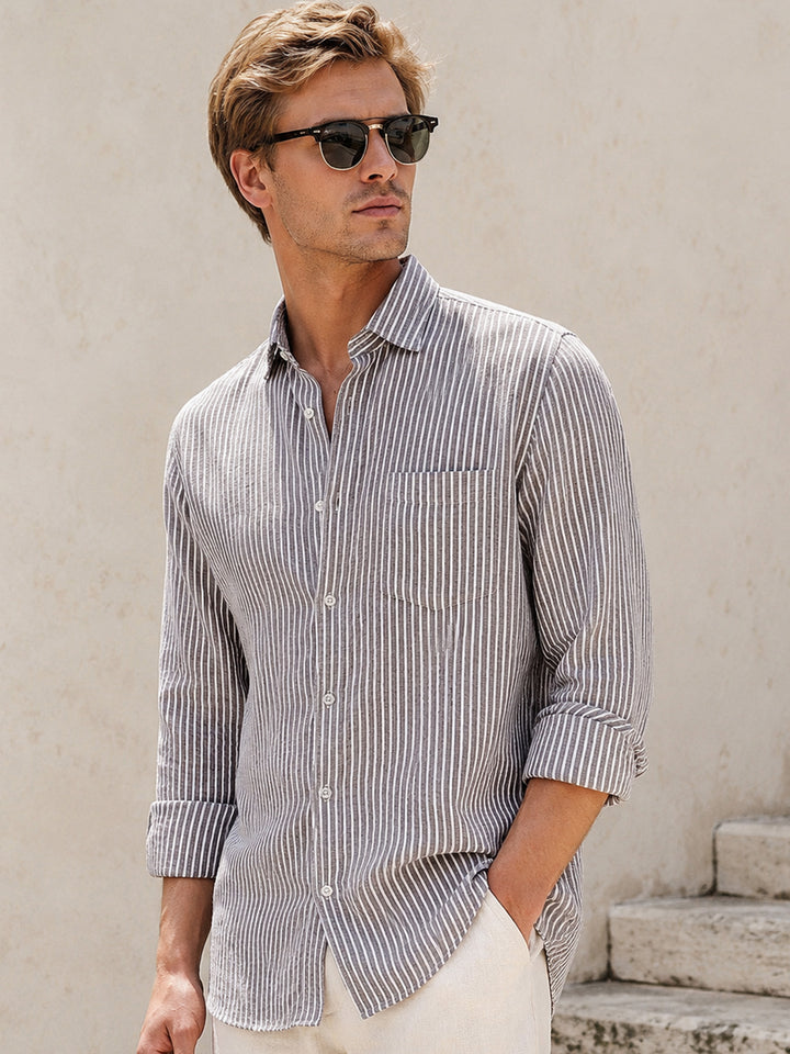 Men Brown & White Striped Slim Fit Linen Formal Shirt