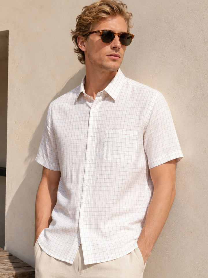 Men Cream Checked Slim Fit Linen Formal Shirt
