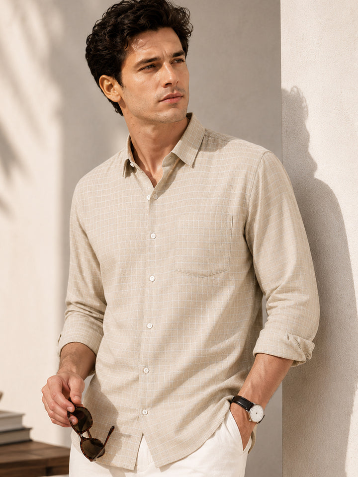 Men Khaki Checked Slim Fit Linen Formal Shirt