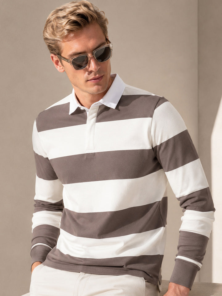 Men Grey & Cream Striped Polo Collar Pure Cotton Stretch Pique Bio Finish Slim Fit T-shirt