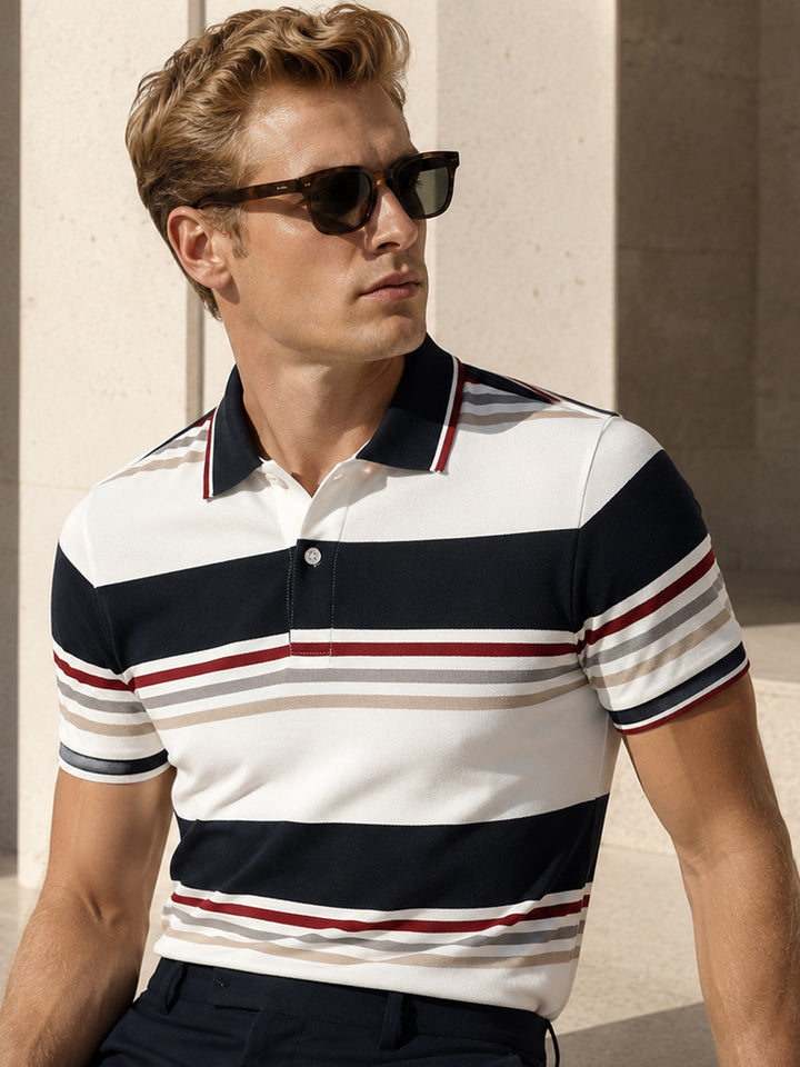 Men White & Navy Blue Striped Polo Collar Pure Cotton Stretch Pique Bio Finish Slim Fit T-shirt