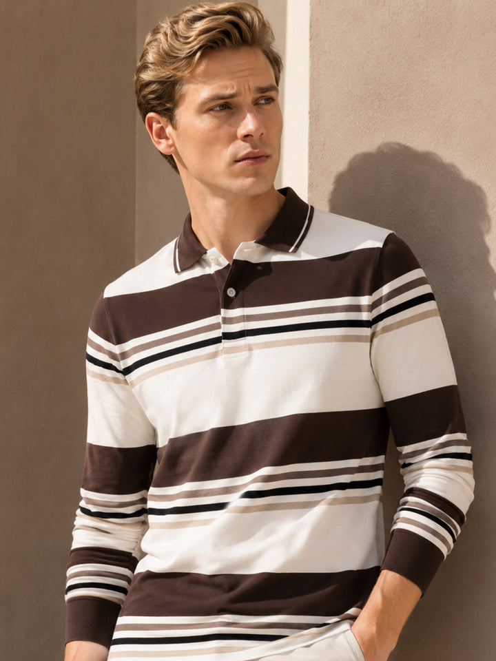 Men White & Brown Striped Polo Collar Pure Cotton Stretch Pique Bio Finish Slim Fit T-shirt