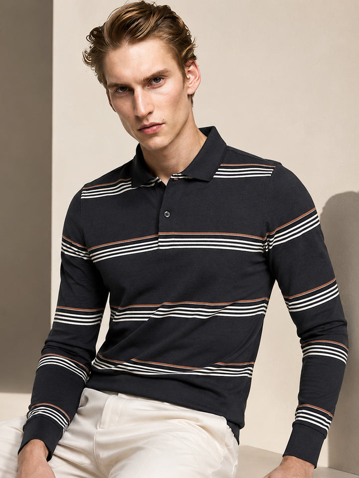 Men Navy Blue Striped Polo Collar Pure Cotton Stretch Pique Bio Finish Slim Fit T-shirt