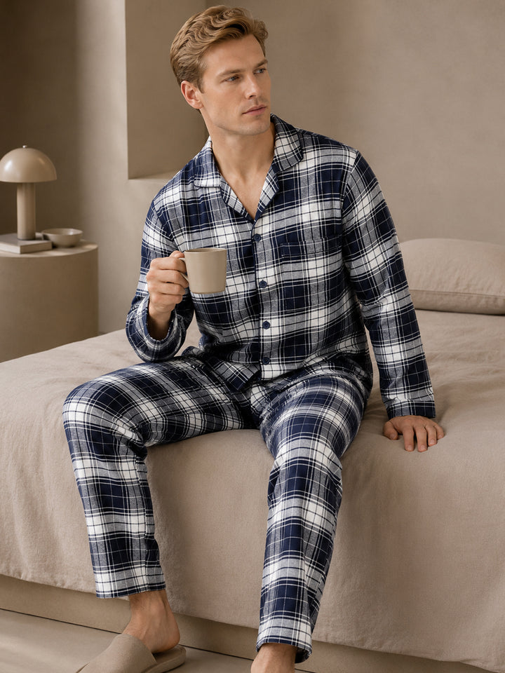 Men Navy Blue & White Checked Pure Cotton Relaxed Fit Night Suit