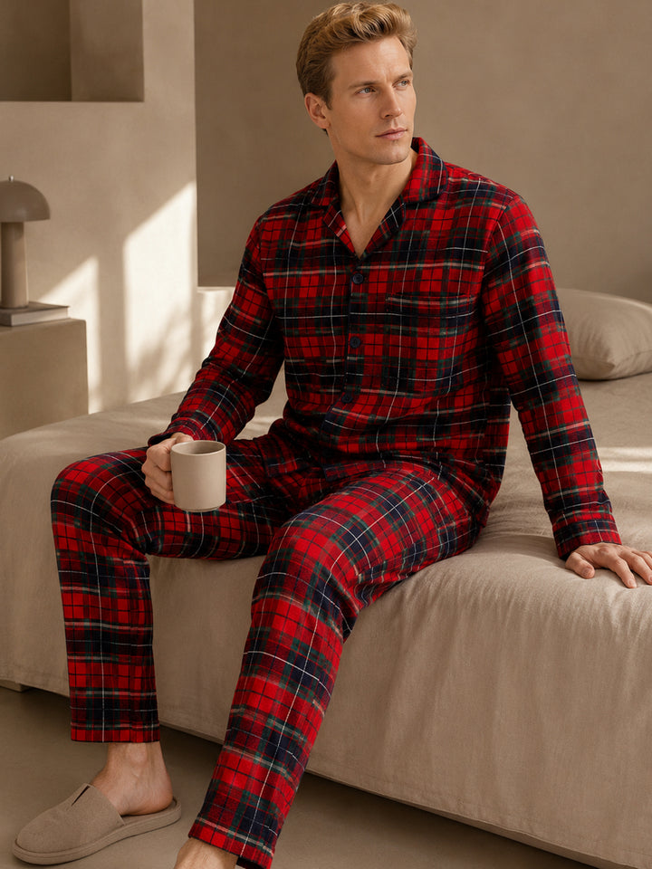 Men Red & Navy Blue Checked Pure Cotton Relaxed Fit Night Suit