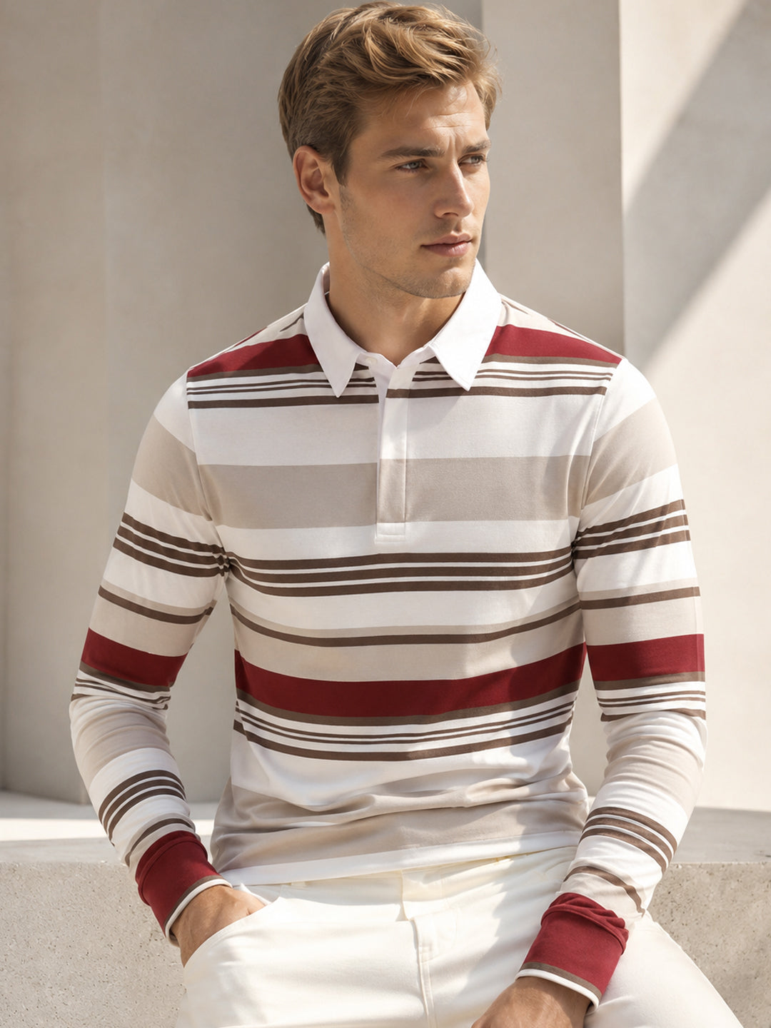 Men White & Maroon Striped Polo Collar Pure Cotton Stretch Pique Bio Finish Slim Fit T-shirt