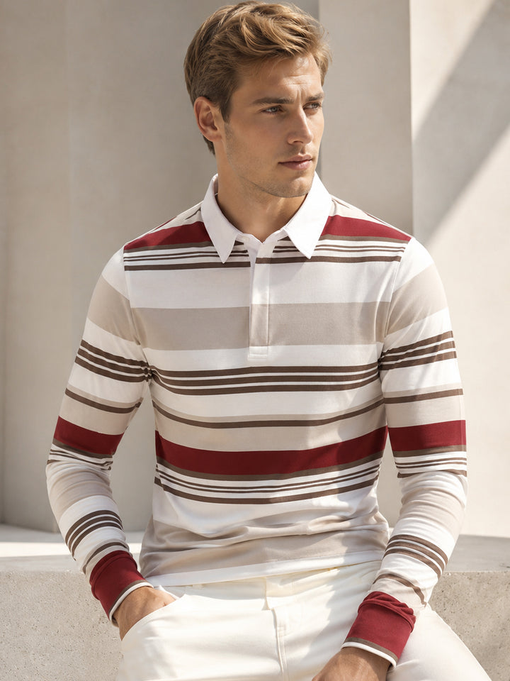 Men White & Maroon Striped Polo Collar Pure Cotton Stretch Pique Bio Finish Slim Fit T-shirt