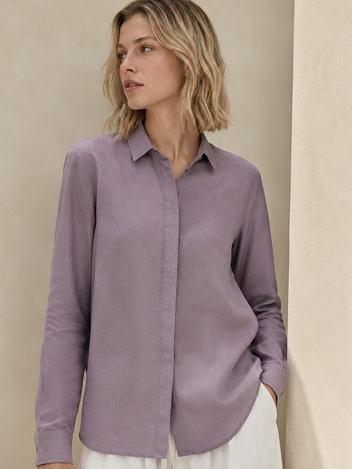 Women Purple Solid Linen Shirt