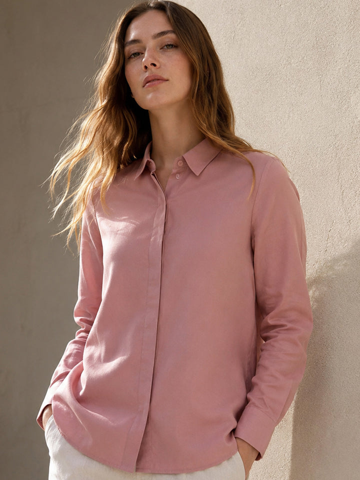Women Dusty Pink Solid Linen Shirt