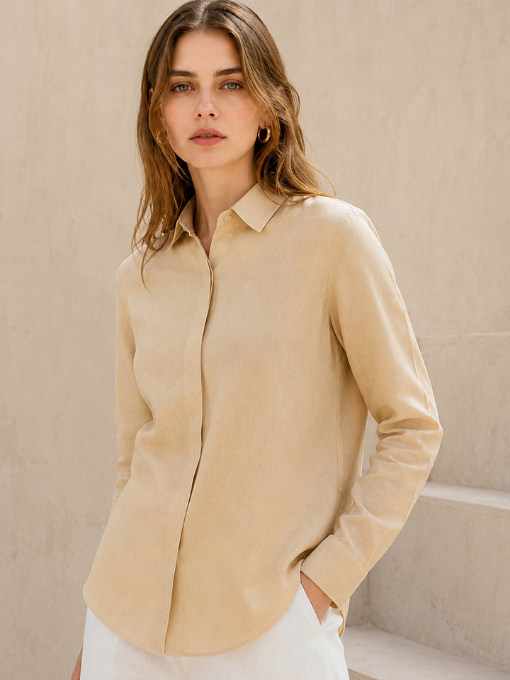 Women Beige Solid Linen Shirt