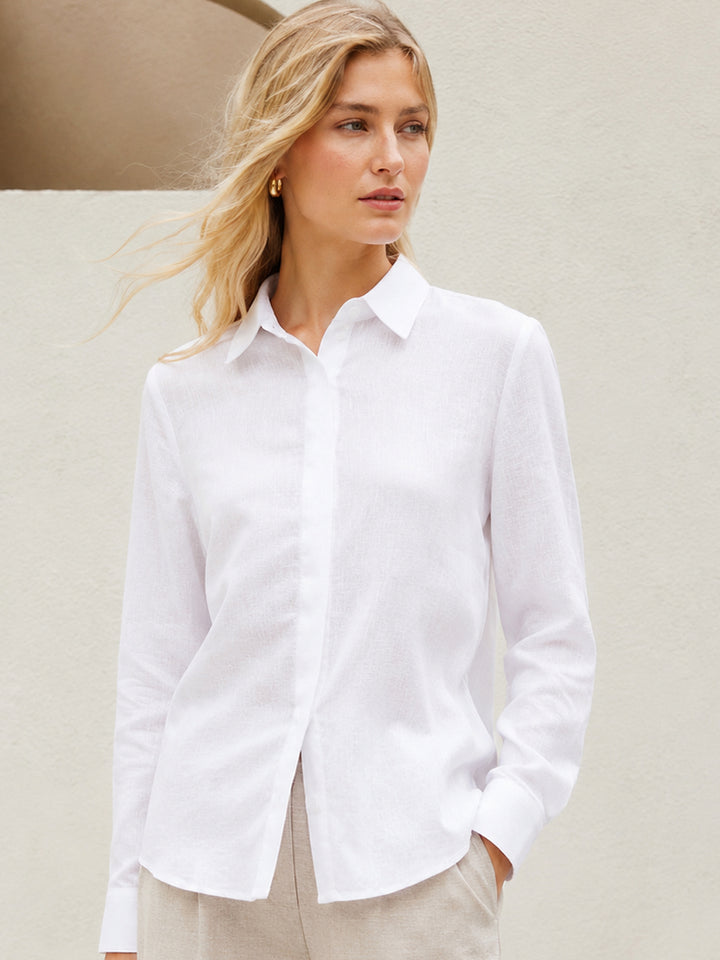Women White Solid Linen Shirt