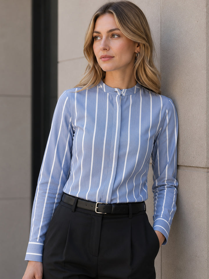 Women Blue & White Striped Chambray Weave Pure Cotton Shirt