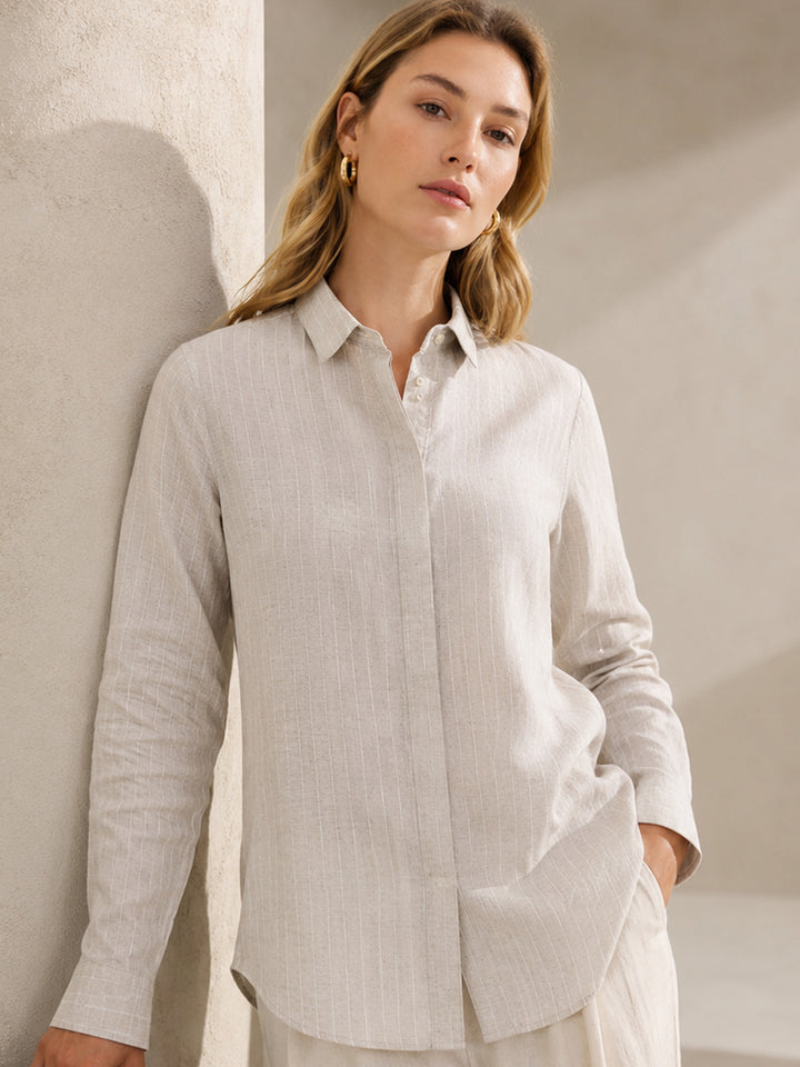 Women Beige Striped Linen Shirt