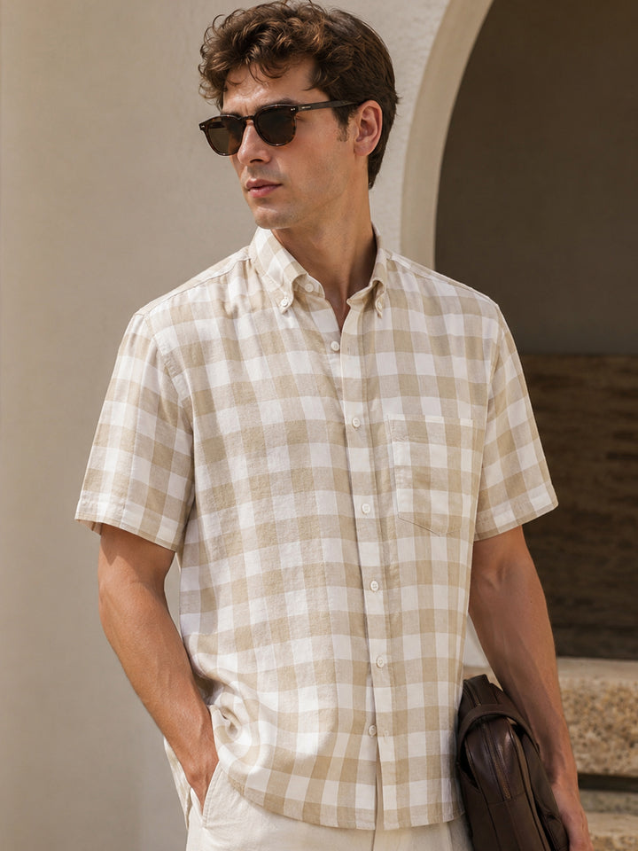 Men Beige & White Buffalo Checked Pure Cotton Button Down Collar Short Sleeve Shirt