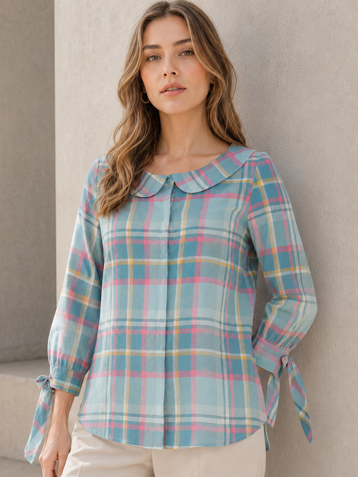 Women Blue & Pink Checked Peter Pan Collar Pure Cotton Shirt