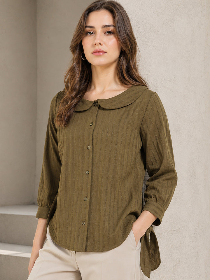 Women Olive Self Design Striped Peter Pan Collar Pure Cotton Shirt