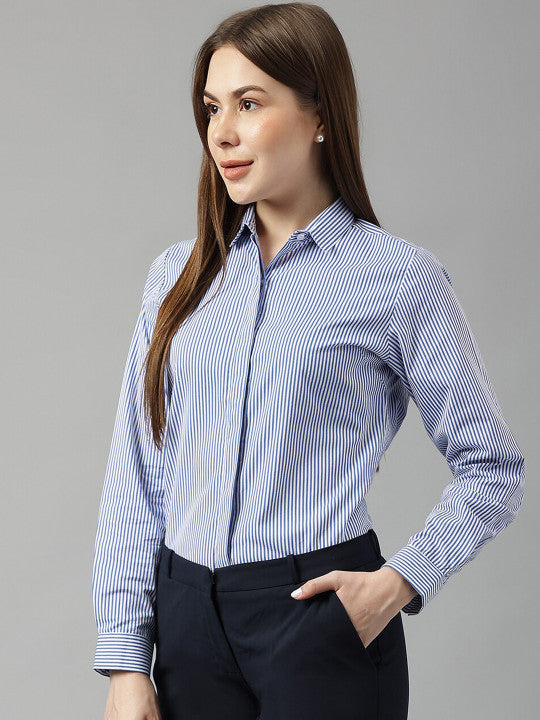Women White&Blue Stripes Pure Cotton Slim Fit Formal Shirt
