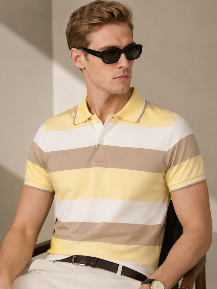 Men Yellow-White Striped Bio Finish Pure Cotton Stretch Polo Collar Pique T-shirt