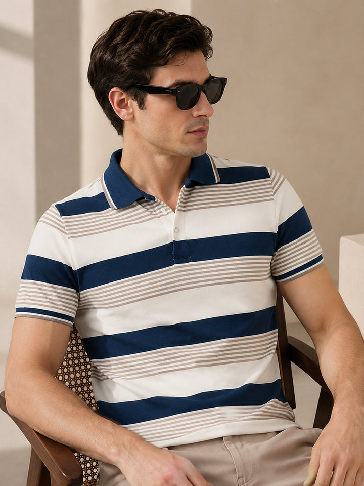 Men White-Blue Striped Bio Finish Pure Cotton Stretch Polo Collar Pique T-shirt