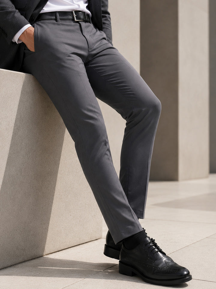 Men Dark Grey Cotton Stretch Mid-Rise Slim Fit Formal Chinos Trousers