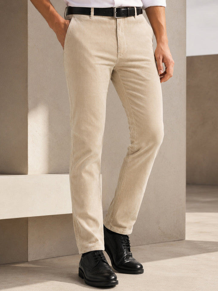 Men Greige Cotton Stretch Mid-Rise Slim Fit Corduroy Trousers