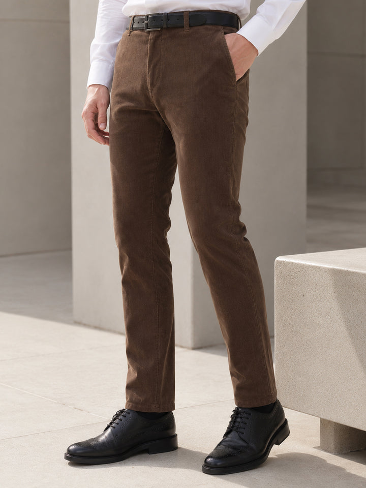 Men Brown Cotton Stretch Mid-Rise Slim Fit Corduroy Trousers