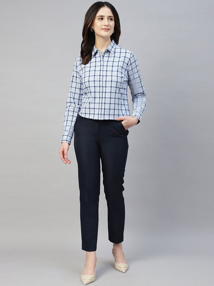 Hancock Women Blue Check Pure Cotton Regular Fit Formal Shirt