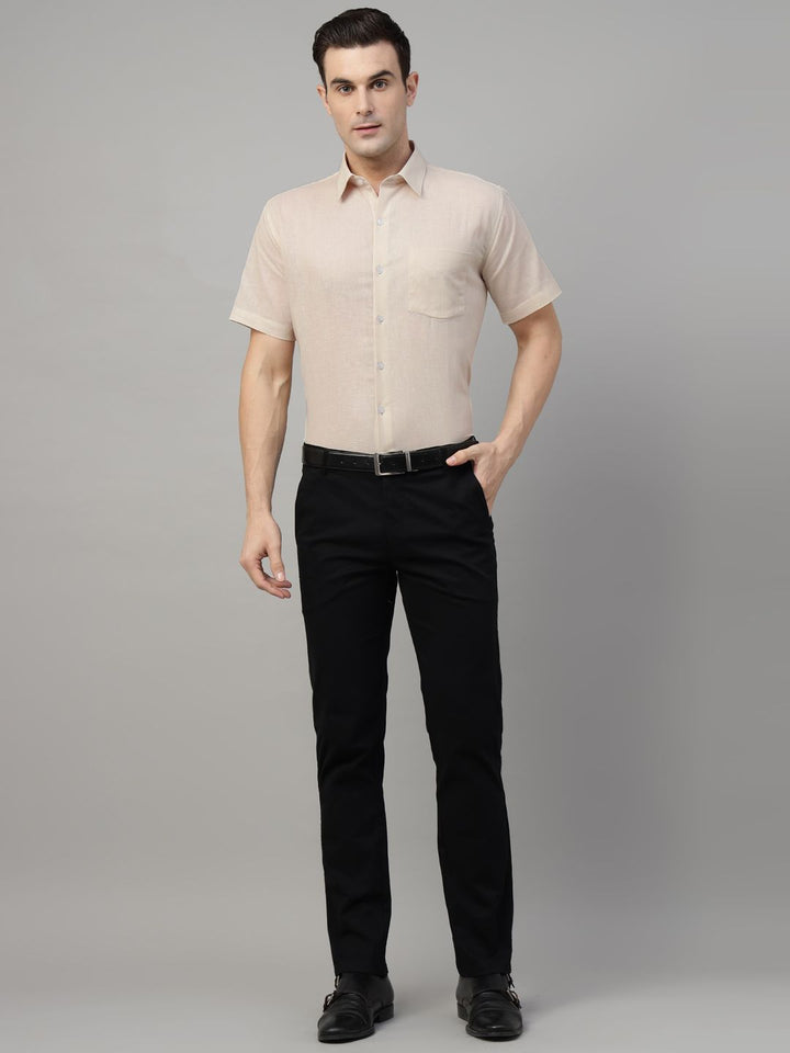 Men Beige Solid Linen & Cotton Blend Slim Fit Formal Shirt