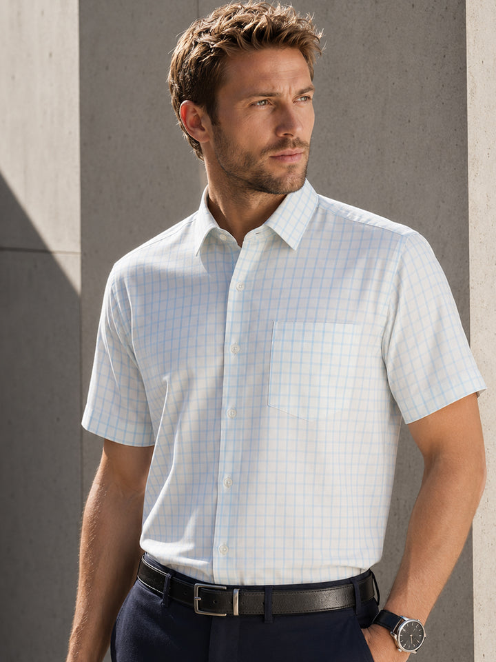 Men White & Blue Checked Cotton Fourway Stretch Slim Fit Formal Shirt