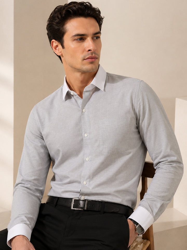 Men Grey Solid Chambray Weave Pure Cotton Slim Fit Formal Shirt