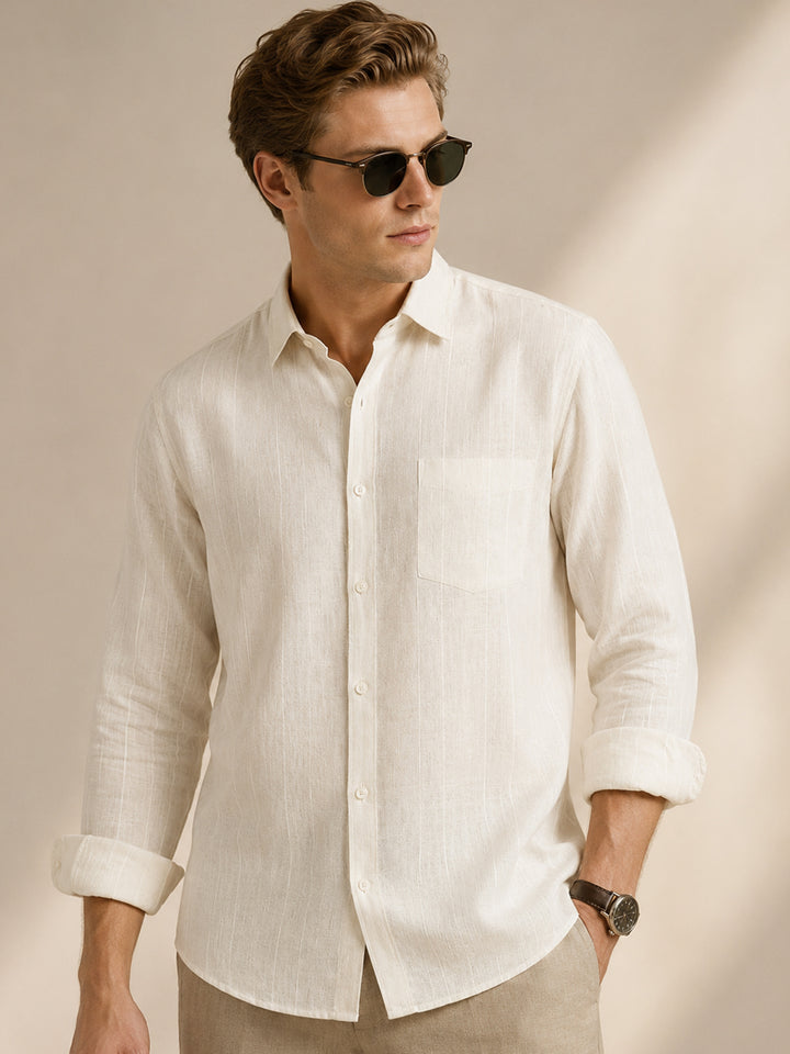 Men Cream Striped Linen Slim Fit Formal Shirt