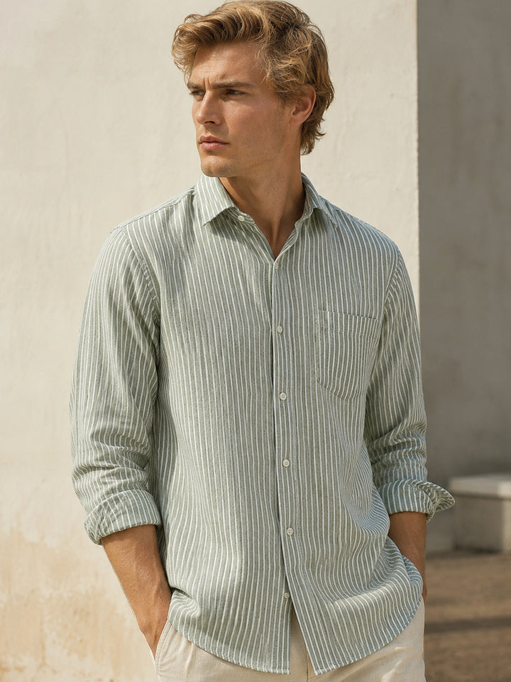 Men Green & White Candy Striped Linen Slim Fit Formal Shirt