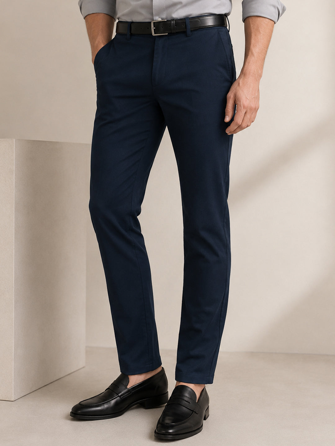 Men Navy Blue Cotton Stretch Mid-Rise Slim Fit Formal Chinos Trousers