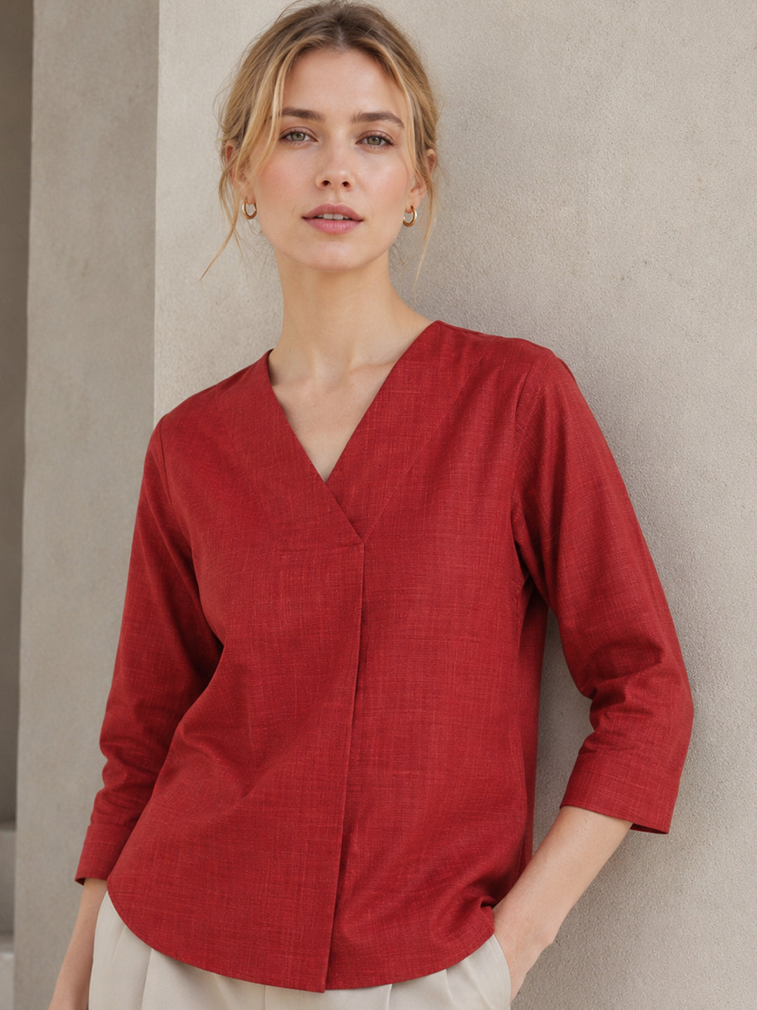 Hancock  Women  Maroon  Solid  Pure Cotton  Regular Fit  Formal  Top
