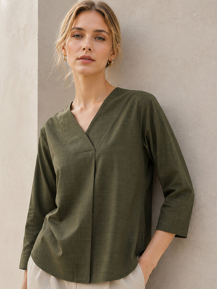 Hancock  Women  Olive  Solid  Pure Cotton  Regular Fit  Formal  Top