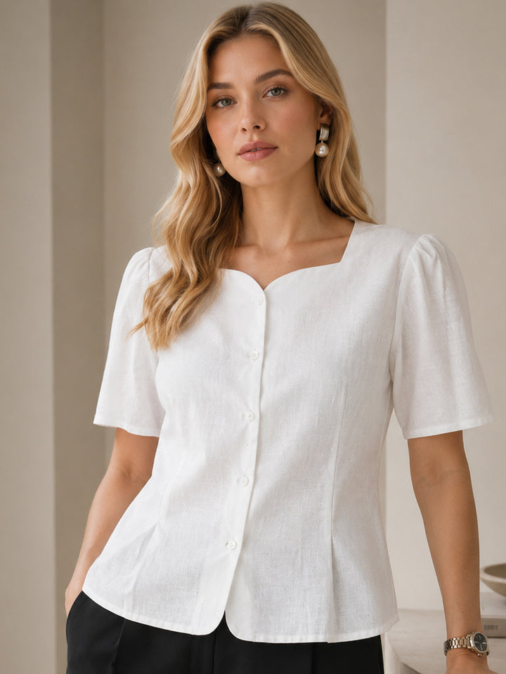 Women White Solid Linen Regular Fit Formal Shirt