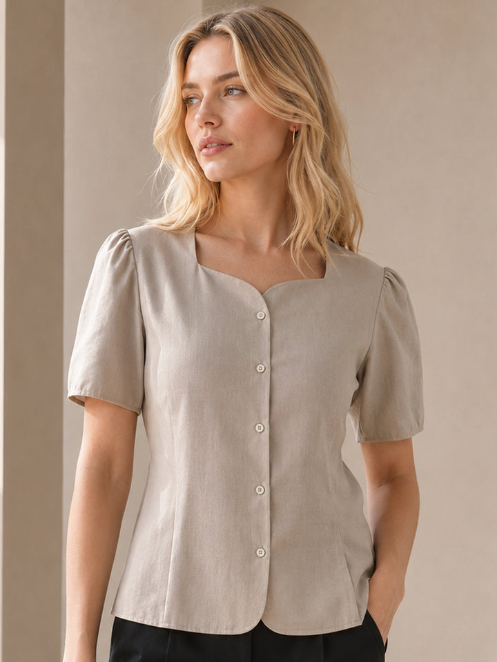 Women Beige Solid Linen Regular Fit Formal Shirt
