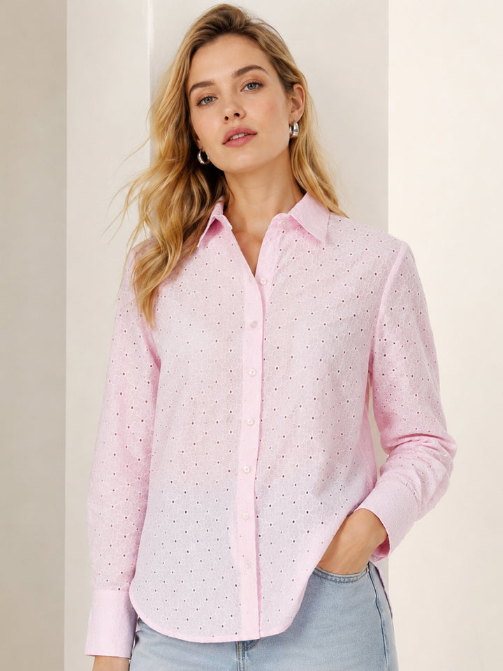 Women Pink Solid Pure Cotton Relaxed Fit Schiffli Casual Shirt