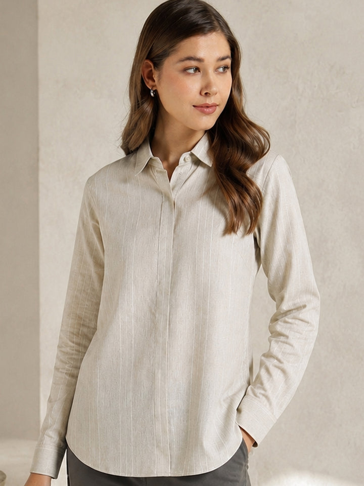 Women Beige Striped Linen Regular Fit Formal Shirt