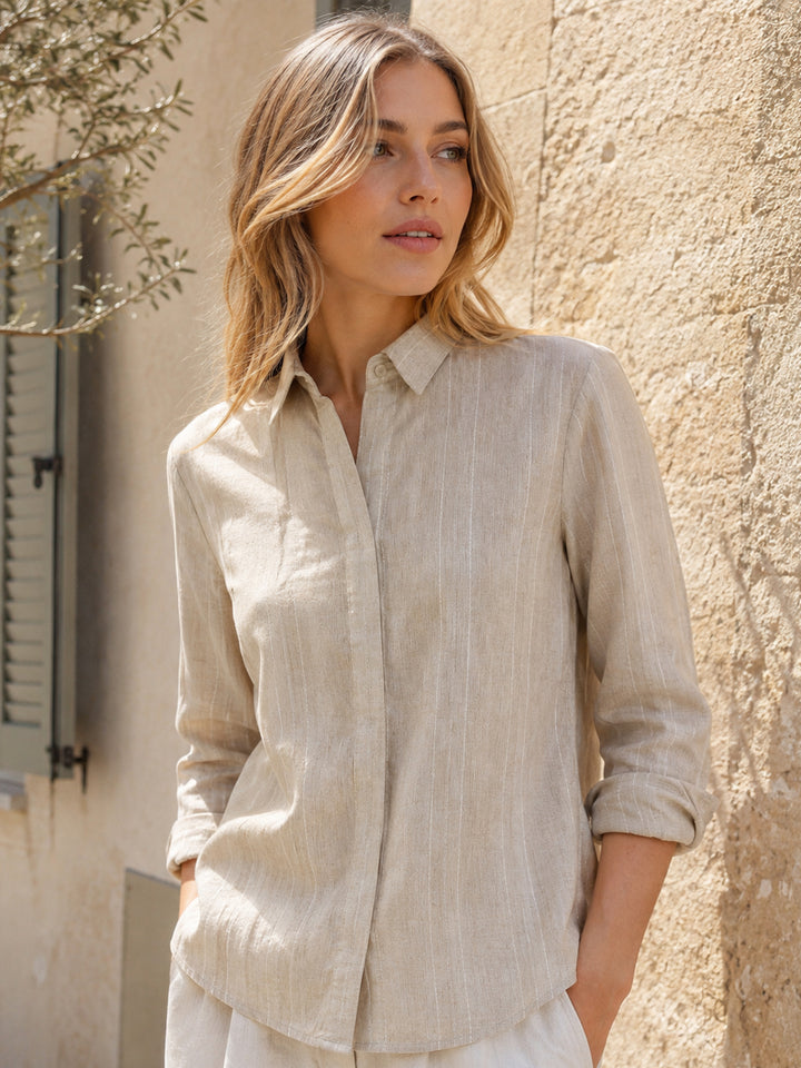 Women Beige Striped Linen Regular Fit Formal Shirt