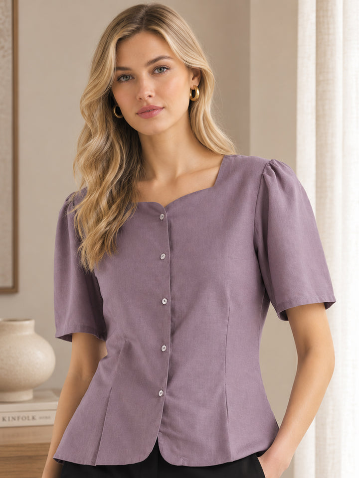 Women Purple Solid Linen Regular Fit Formal Shirt