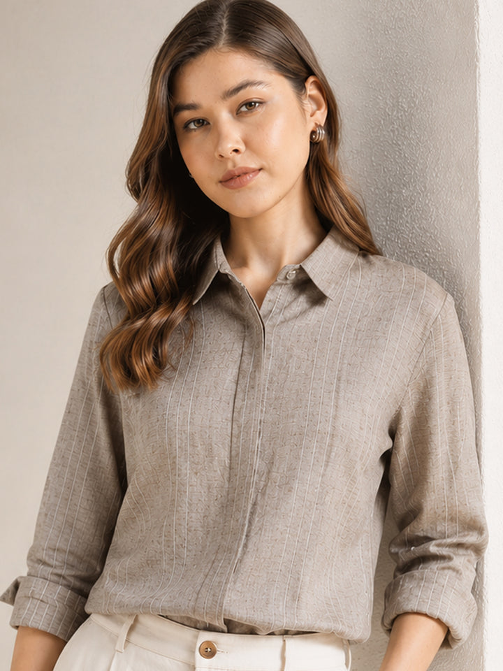 Women Khaki Striped Linen Regular Fit Formal Shirt